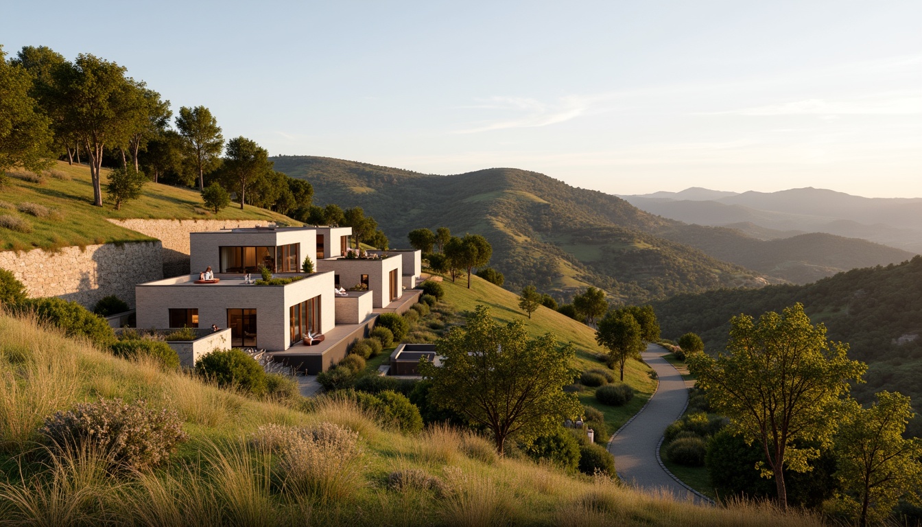 Prompt: Rolling hills, lush vineyards, rustic stone walls, modern minimalist winery, clean lines, minimal ornamentation, large glass windows, sliding doors, natural wood accents, earthy tones, olive trees, scenic overlooks, serene atmosphere, warm golden lighting, shallow depth of field, 3/4 composition, panoramic view, realistic textures, ambient occlusion.