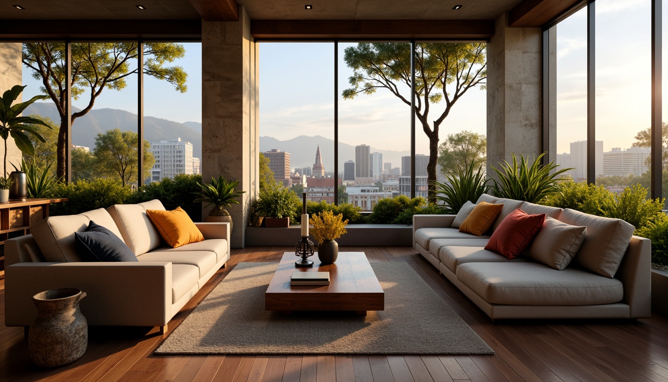 Prompt: Cozy living room, comfortable sofas, warm lighting, wooden flooring, modern minimalist decor, sleek coffee tables, vibrant throw pillows, lush greenery, natural stone walls, floor-to-ceiling windows, panoramic city view, soft warm ambiance, shallow depth of field, 3/4 composition, realistic textures, ambient occlusion.