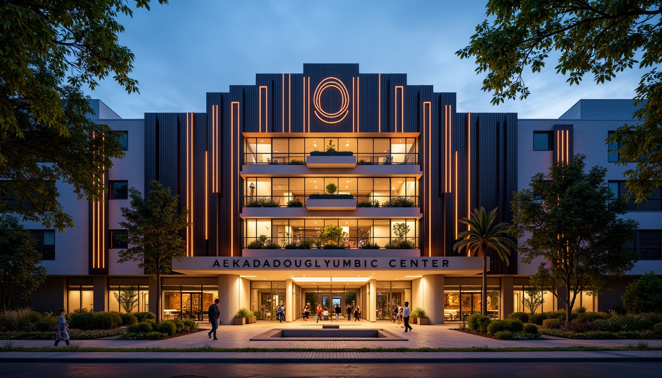 Prompt: Grand community center, ornate Art Deco facade, geometric patterns, metallic accents, bold typography, vibrant colors, stepped silhouette, symmetrical composition, grand entrance, decorative metalwork, stylized motifs, luxurious materials, high-contrast lighting, dramatic shadows, warm evening ambiance, low-angle photography, 1/2 composition, atmospheric perspective, detailed textures.