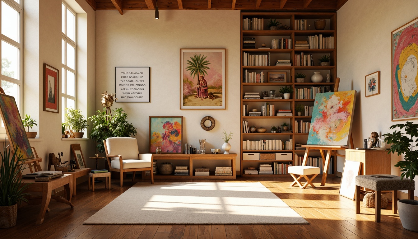 Prompt: Vibrant art studio, warm beige walls, rich wooden floors, eclectic furniture pieces, modern art supplies, natural light pouring in, soft diffused shadows, pastel color accents, creamy whites, earthy tones, bold brushstrokes, textured canvases, artistic freedom, bohemian chic decor, cozy reading nook, floor-to-ceiling bookshelves, inspirational quotes, calming atmosphere, warm golden lighting, shallow depth of field, 1/2 composition, realistic textures, ambient occlusion.