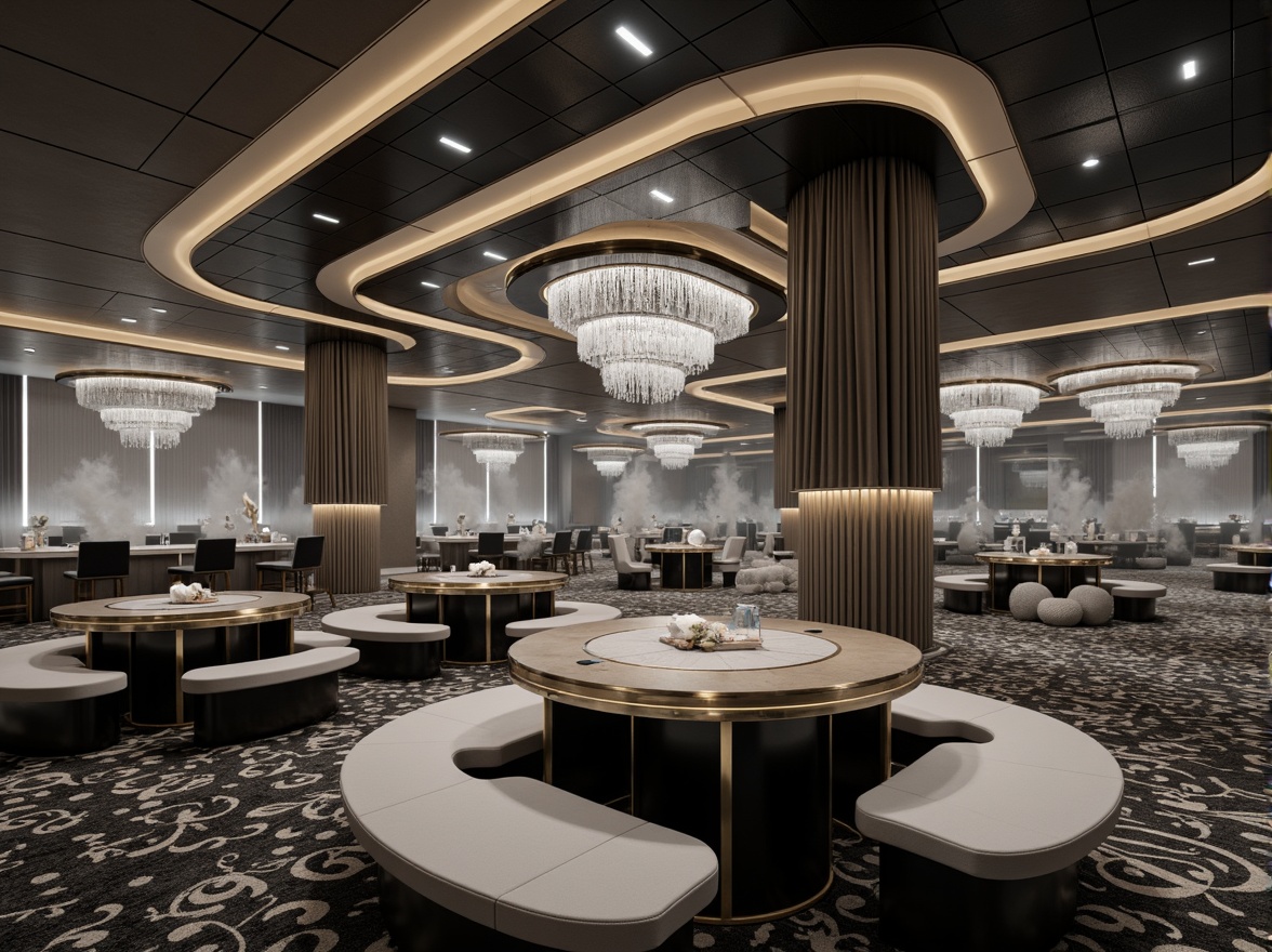 Prompt: Monochromatic casino interior, gray spectrum color palette, luxurious ambiance, high-stakes gaming areas, sleek modern furniture, metallic accents, ambient LED lighting, foggy mist effects, grand chandeliers, lavish carpets, geometric patterns, futuristic architecture, curved lines, minimalist design, reflective surfaces, dramatic ceiling heights, warm beige tones, cool charcoal hues, neutral silver shades, rich dark grays, sophisticated atmosphere, high-contrast lighting, shallow depth of field, 1/1 composition, realistic textures, ambient occlusion.