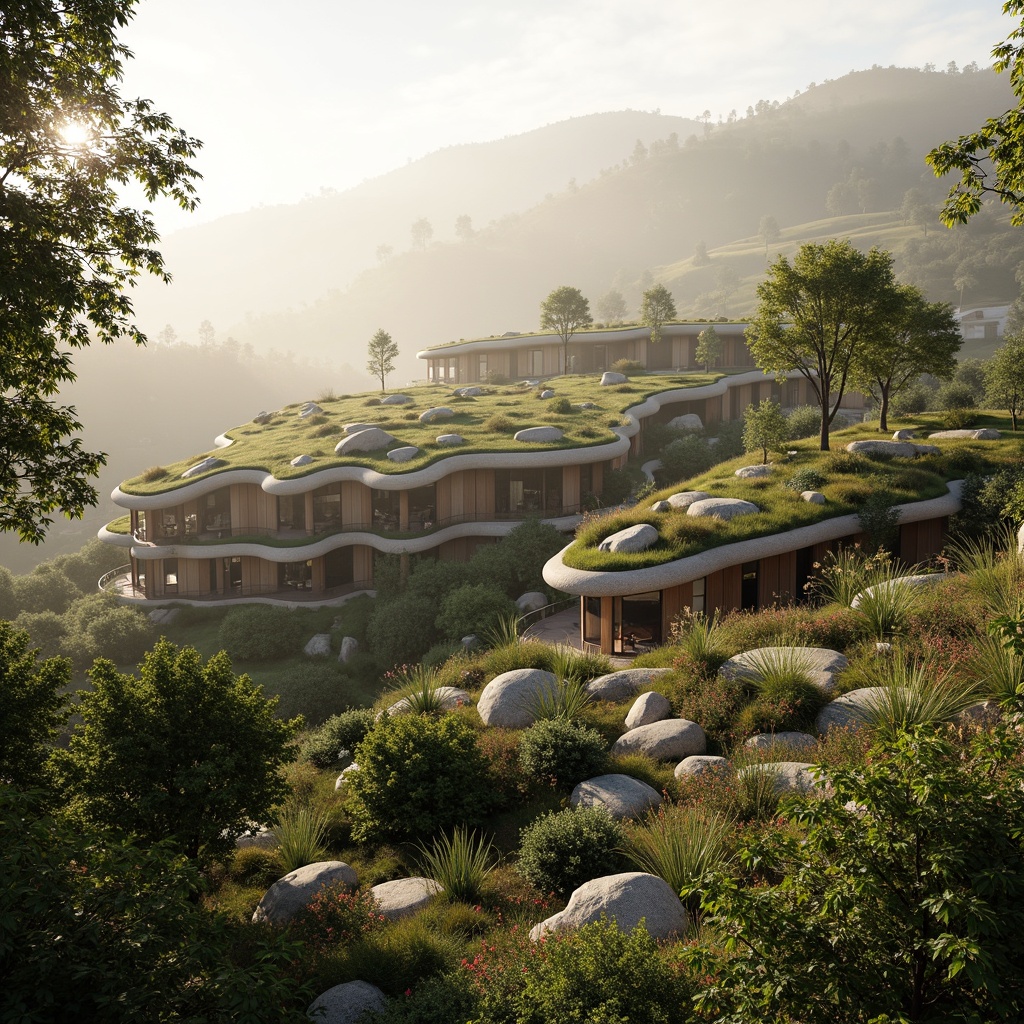 Prompt: Earthen homes, organic shapes, natural earth tones, curved lines, sustainable materials, recycled wood accents, living roofs, green walls, botanical gardens, serene landscapes, misty mornings, soft warm lighting, shallow depth of field, 3/4 composition, panoramic view, realistic textures, ambient occlusion.