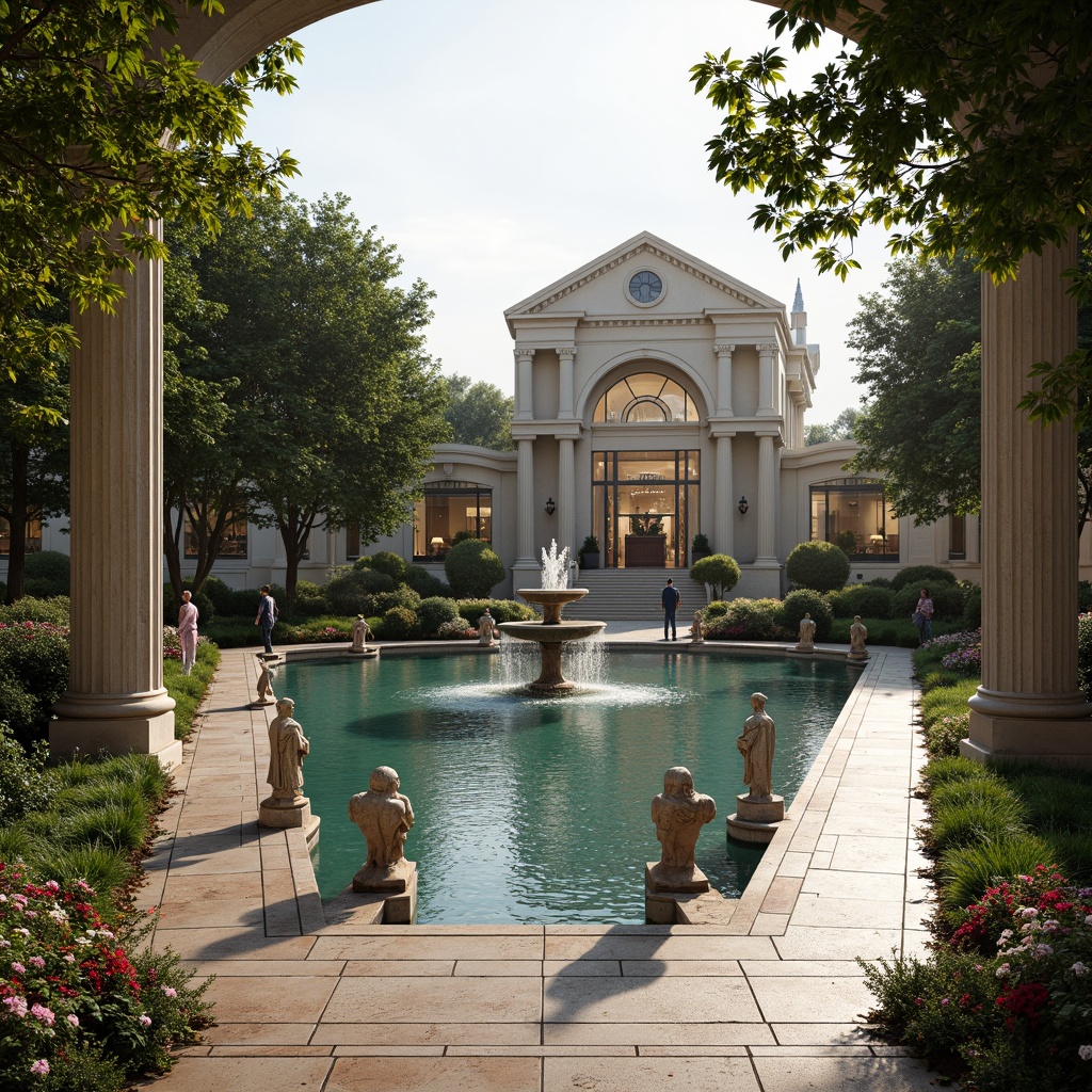 Prompt: Ornate fountain, grand waterfalls, serene reflecting pool, elegant stone statues, classic columns, symmetrical architecture, lush greenery, vibrant flowers, travertine walkways, mosaic tile flooring, crystal clear water, gentle ripples, soft warm lighting, shallow depth of field, 3/4 composition, panoramic view, realistic textures, ambient occlusion.