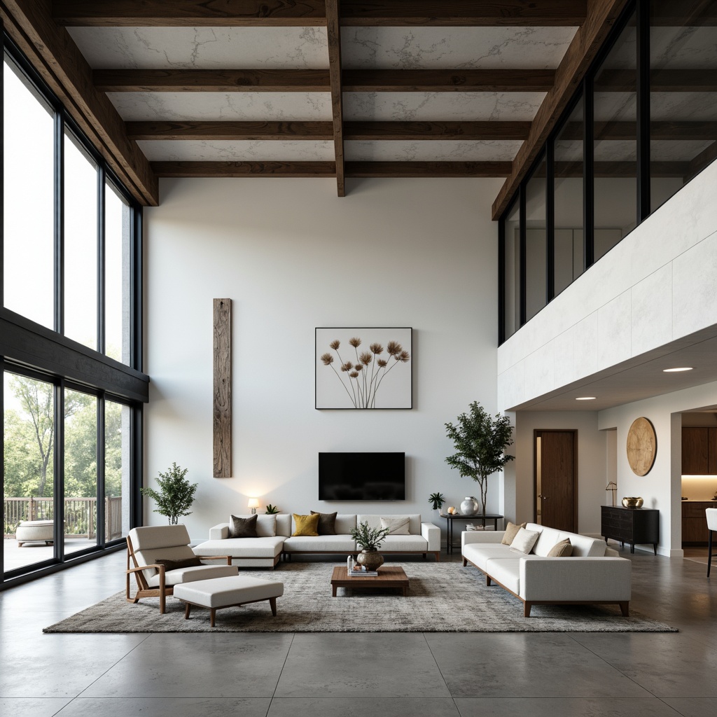 Prompt: Minimalist living room, clean lines, monochromatic color scheme, sleek low-profile furniture, polished concrete floors, industrial metal beams, floor-to-ceiling windows, abundant natural light, sparse decor, geometric patterns, subtle textures, soft warm ambiance, 1/1 composition, realistic rendering, ambient occlusion.