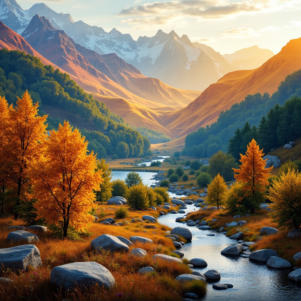 Prompt: Sweeping brushstroke mountains, expressive abstract trees, vibrant color palette, dynamic energy flow, rhythmic geometric patterns, melodic winding paths, lyrical water features, poetic stone arrangements, harmonious natural balance, warm golden lighting, soft focus effect, 1/2 composition, impressionist textures, artistic bokeh effect.