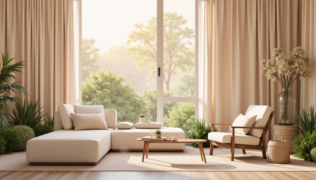 Prompt: Soft peach hues, calming mint greens, creamy whites, warm beige tones, rich walnut woods, subtle gold accents, gentle lavender shades, natural linen textures, airy light atmosphere, shallow depth of field, 2/3 composition, soft focus, warm sunset lighting, realistic materials, ambient occlusion.