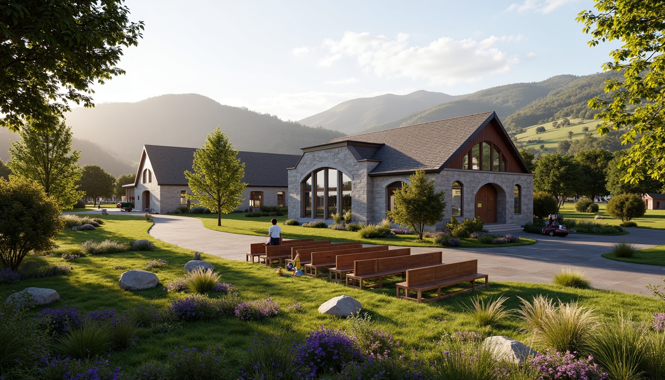 Prompt: Rustic suburban landscape, rolling hills, serene natural surroundings, traditional church architecture, stone fa\u00e7ade, stained glass windows, wooden pews, vaulted ceilings, grand organ pipes, soft warm lighting, shallow depth of field, 3/4 composition, panoramic view, realistic textures, ambient occlusion, lush greenery, blooming flowers, sunny day, gentle breeze, peaceful atmosphere, community gathering space, modern amenities, sustainable design elements, eco-friendly materials, innovative water harvesting systems.