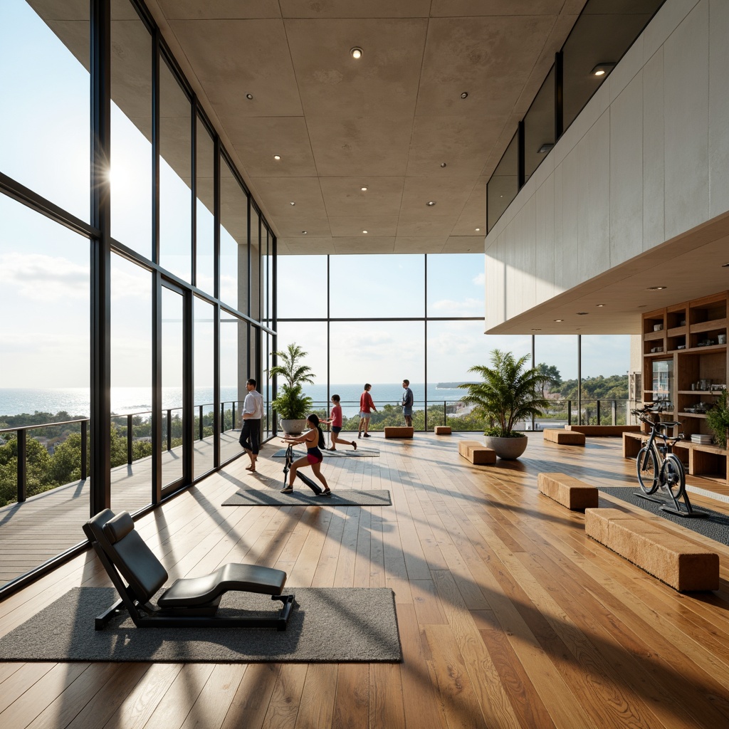 Prompt: Seaside gymnasium, oceanfront location, large windows, sliding glass doors, natural light pouring in, minimalist interior design, polished wooden floors, mirrored walls, state-of-the-art fitness equipment, free weights area, yoga studio, spinning room, modern architecture, curved lines, nautical theme, beach-inspired colors, wave-patterned flooring, ocean-view balconies, sunny day, soft warm lighting, shallow depth of field, 3/4 composition, panoramic view, realistic textures, ambient occlusion.