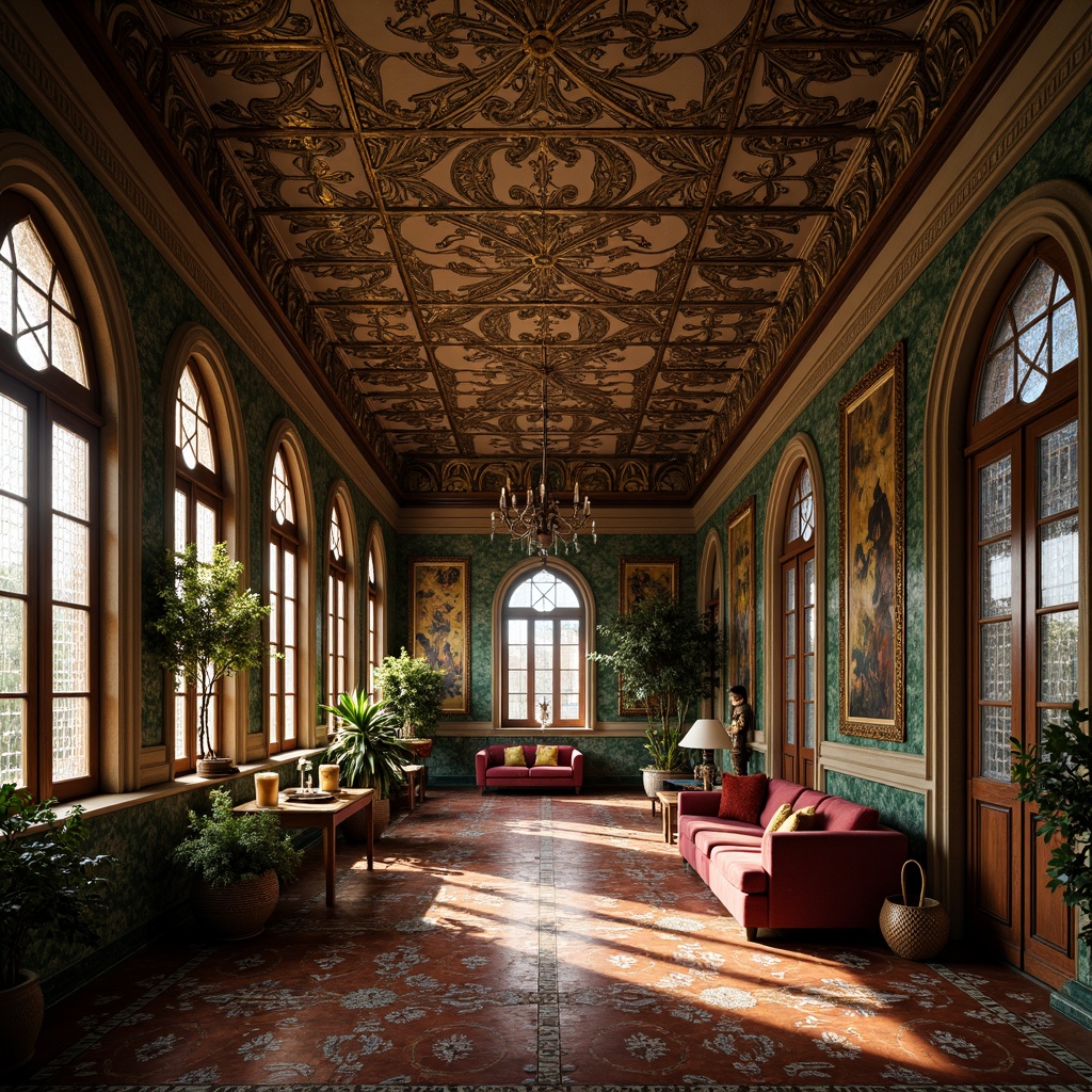 Prompt: Intricate botanical ornaments, flowing organic lines, sinuous curves, ornate metalwork, stained glass windows, iridescent ceramic tiles, shimmering mosaics, delicate filigree patterns, luxurious velvet fabrics, soft warm lighting, 3/4 composition, shallow depth of field, romantic atmosphere, vintage elegance, nostalgic charm.