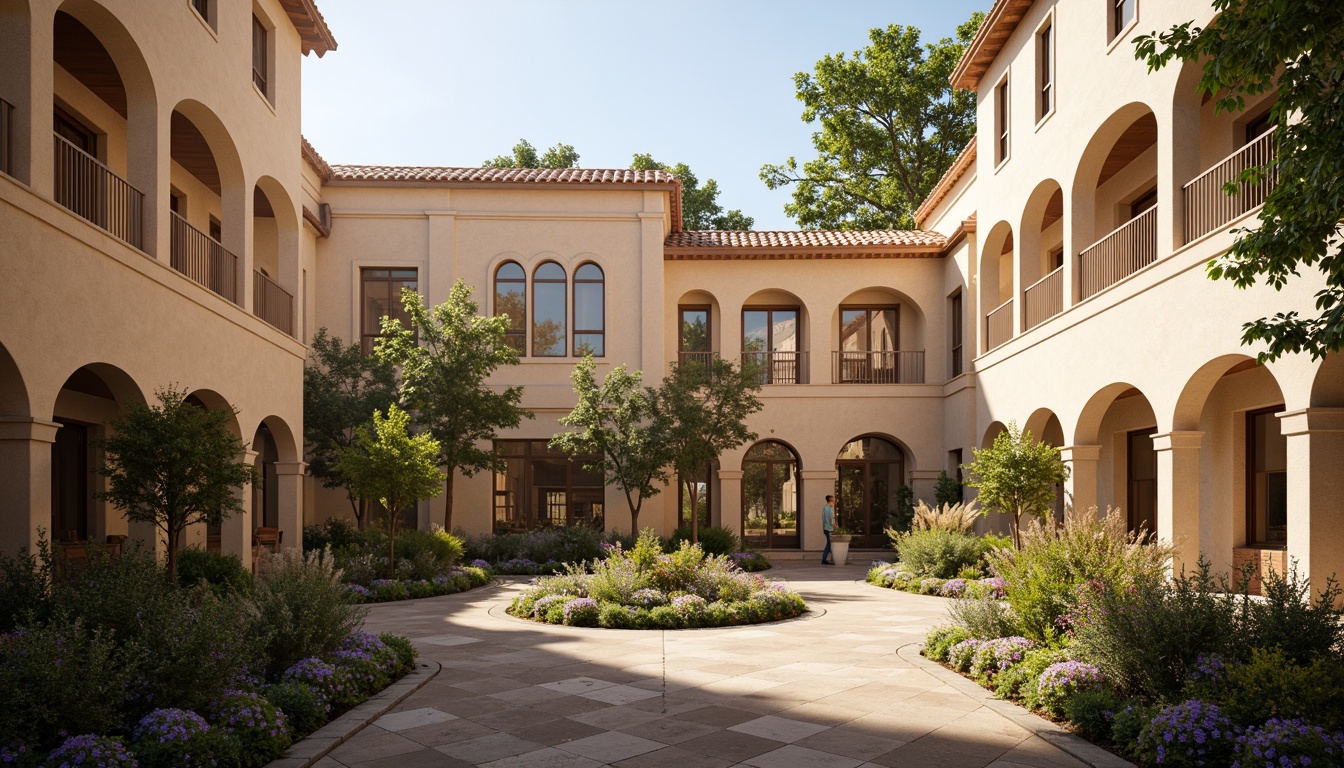 Prompt: Warm beige facades, soft cream accents, earthy brown tones, rich wooden textures, ornate classical details, subtle stucco patterns, inviting community spaces, lush green courtyards, vibrant flower arrangements, elegant ironwork, refined brick buildings, traditional rooflines, warm golden lighting, shallow depth of field, 2/3 composition, realistic renderings, ambient occlusion.