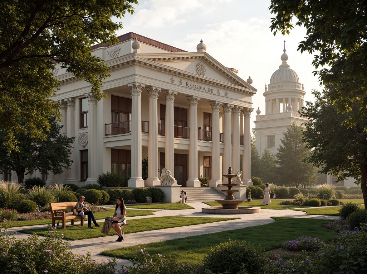 Prompt: Grand neoclassical building, ornate columns, symmetrical facade, lush greenery, vibrant flowers, manicured lawns, tranquil fountain, walking paths, natural stone paving, rustic benches, classic sculptures, ornamental gates, iron railings, majestic entrance, imposing dome, subtle warm lighting, 1/2 composition, atmospheric perspective, soft focus effect, romantic ambiance.