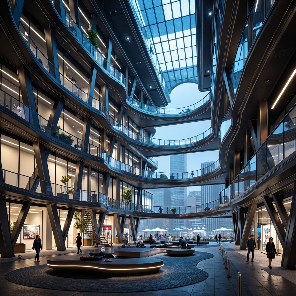 Prompt: Futuristic fusion structure, curved lines, metallic materials, neon lights, glowing accents, transparent glass surfaces, angular supports, minimalist framework, innovative cantilever systems, suspended walkways, open-air atriums, dynamic staircases, holographic projections, ambient Occlusion, realistic reflections, shallow depth of field, 3/4 composition, panoramic view.