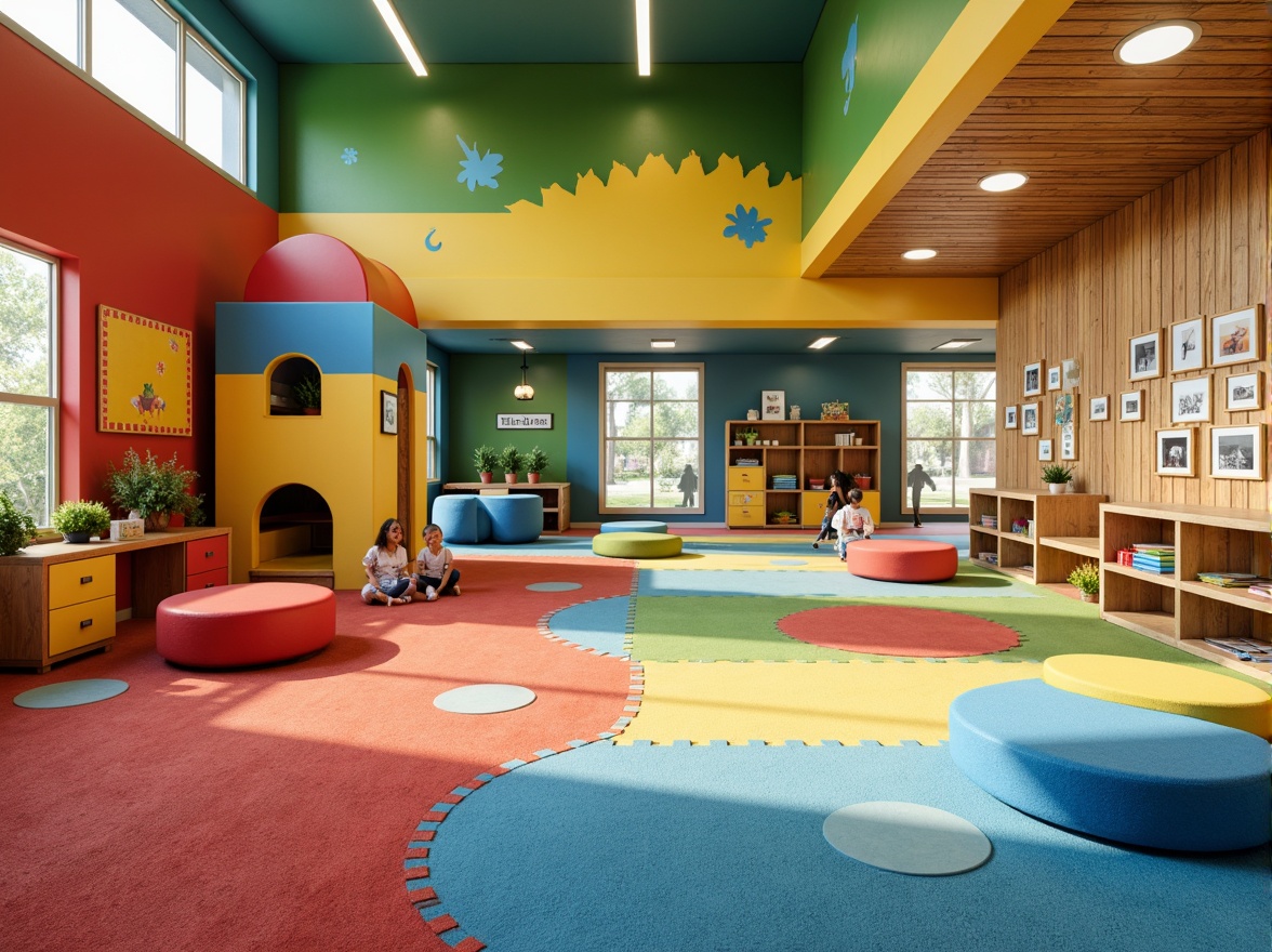 Prompt: Vibrant kindergarten playground, colorful rubber flooring, soft padded walls, imaginative play structures, climbable tunnels, interactive educational panels, sensory stimulation zones, cozy reading nooks, natural wood accents, circular seating areas, whimsical wall murals, warm sunny lighting, shallow depth of field, 3/4 composition, panoramic view, realistic textures, ambient occlusion.