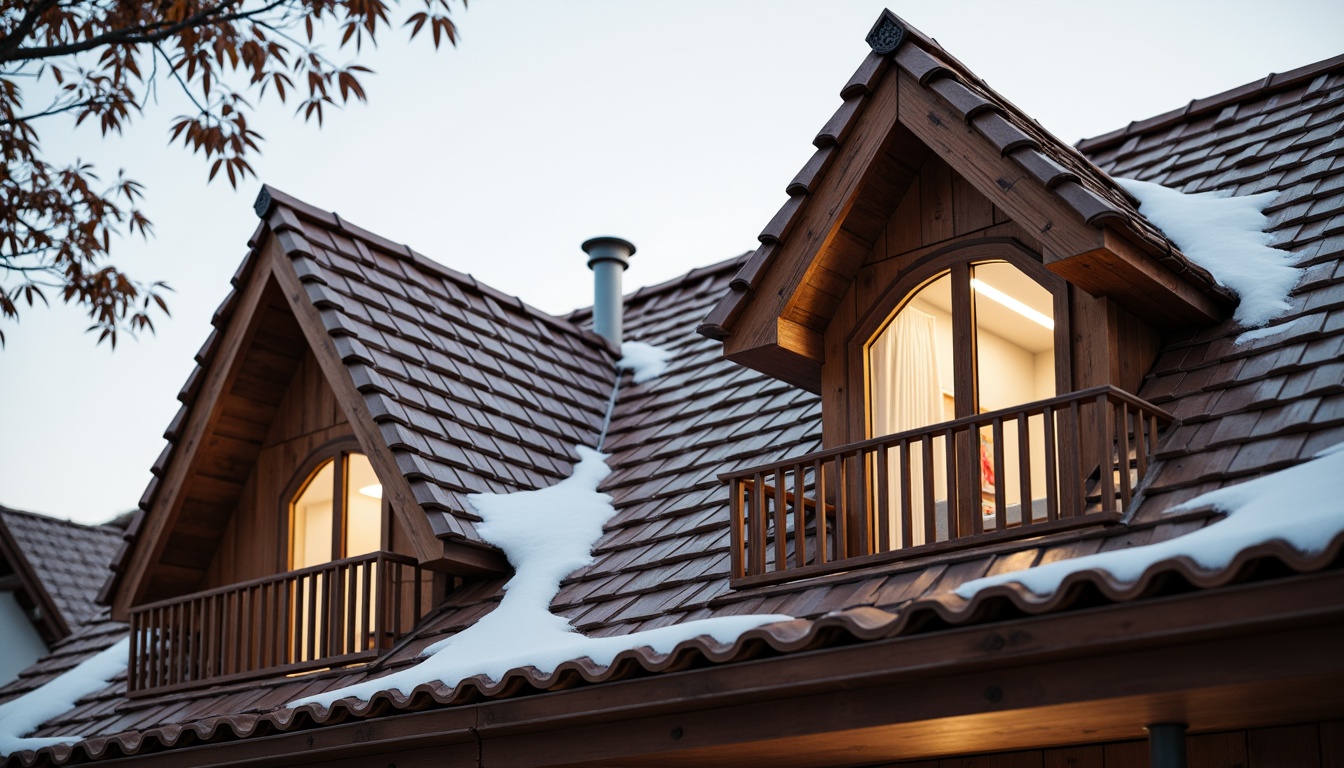 Prompt: Traditional European-inspired gabled roofs, steeply pitched angles, rustic wooden beams, terra cotta tiles, ornate ridge caps, classic dormer windows, snow-covered winter scenery, warm golden lighting, soft focus blur, 1/2 composition, realistic textures, subtle weathering effects.