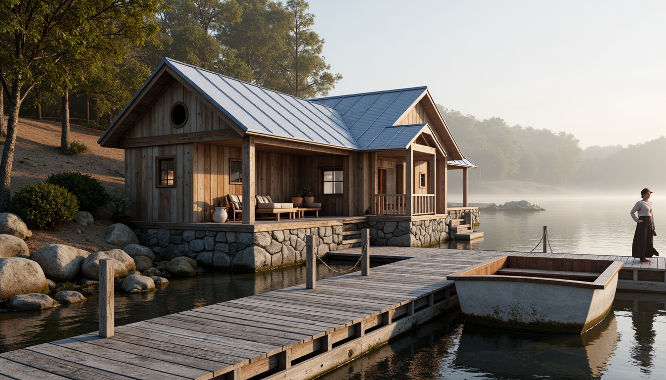 Prompt: Waterfront boathouse, rustic wooden docks, weathered wooden planks, nautical ropes, porthole windows, corrugated metal roofs, natural stone foundations, sandy beach surroundings, serene lake views, misty morning atmosphere, soft warm lighting, shallow depth of field, 3/4 composition, panoramic view, realistic textures, ambient occlusion.