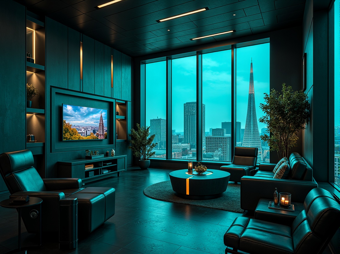 Prompt: Dark cyan accent walls, neon-lit cityscape, futuristic skyscrapers, metallic structures, glossy glass surfaces, high-tech gadgets, sleek modern furniture, minimalist decor, ambient LED lighting, 1/1 composition, shallow depth of field, realistic textures, cinematic mood, atmospheric fog effects.