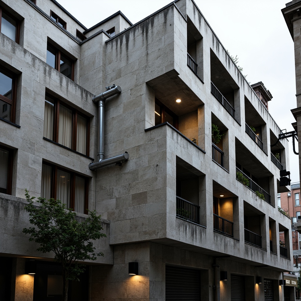 Prompt: Rugged brutalist building, raw concrete textures, weathered steel beams, industrial-style pipes, bold geometric shapes, muted earth tones, dark charcoal grey, cold blue-grey stone, warm beige accents, exposed ductwork, urban cityscape, overcast sky, dramatic shadows, high contrast lighting, 1/2 composition, moody atmosphere, realistic materials, ambient occlusion.