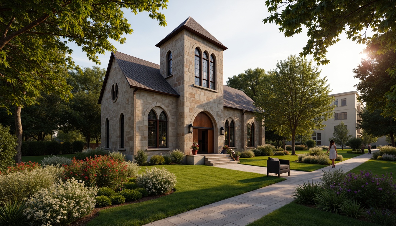 Prompt: Rustic suburban landscape, serene natural surroundings, traditional church architecture, stone fa\u00e7ade, stained glass windows, wooden pews, ornate altarpieces, vaulted ceilings, grand entrance halls, tranquil outdoor spaces, lush greenery, blooming flowers, soft warm lighting, shallow depth of field, 3/4 composition, realistic textures, ambient occlusion.