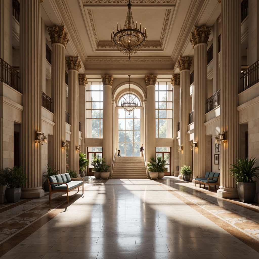 Prompt: Grand clinic entrance, majestic columns, ornate capitals, Doric order, limestone exteriors, symmetrical facades, classical proportions, grand staircases, polished marble floors, elegant waiting areas, natural light pouring through large windows, subtle warm lighting, shallow depth of field, 3/4 composition, realistic textures, ambient occlusion.