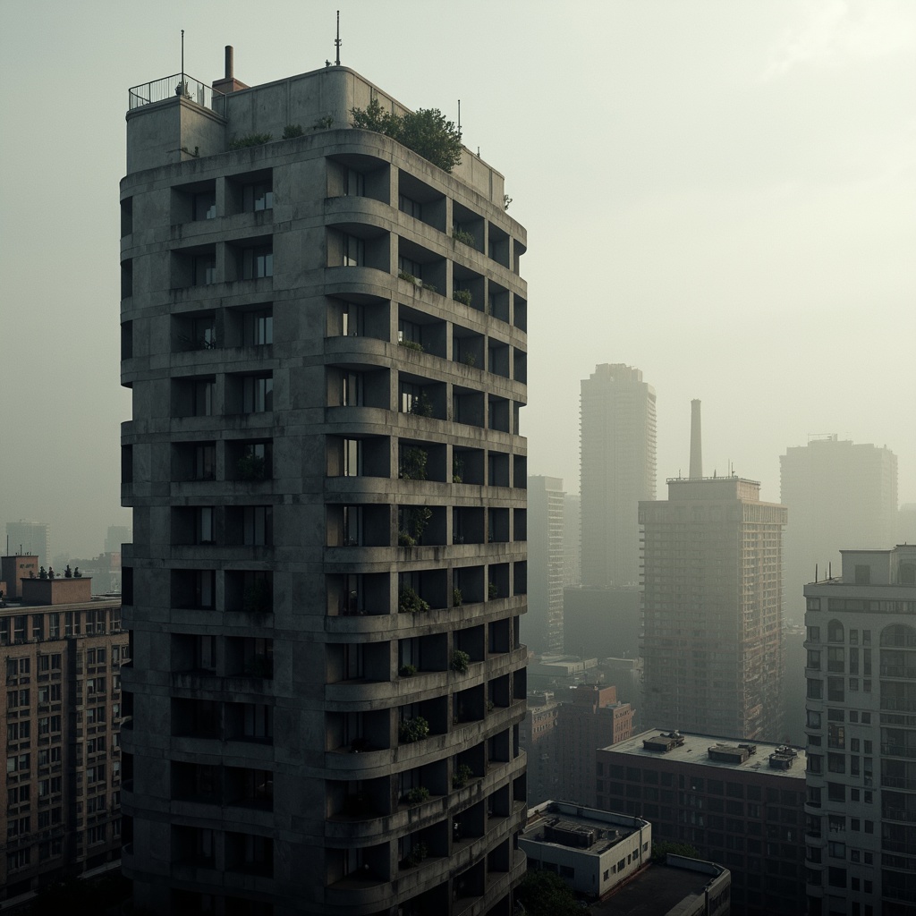 Prompt: Gritty skyscraper, brutalist architecture, raw concrete fa\u00e7ade, industrial steel beams, exposed ductwork, minimalist windows, monochromatic color scheme, deep charcoal grey, earthy brown tones, weathered copper accents, urban cityscape, dense foggy atmosphere, dramatic backlighting, low-key lighting, cinematic composition, stark shadows, realistic textures, ambient occlusion.