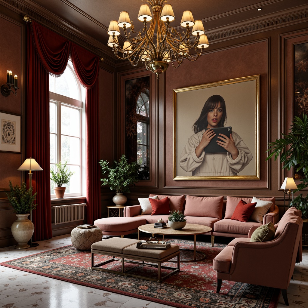 Prompt: Luxurious living room, opulent furnishings, metallic accents, geometric patterns, ornate mirrors, lavish chandeliers, velvet drapes, marble floors, rich wood paneling, bold color schemes, statement walls, intricate moldings, curved lines, vintage posters, antique vases, glamorous ambiance, warm soft lighting, 1/2 composition, shallow depth of field, realistic textures, ambient occlusion.