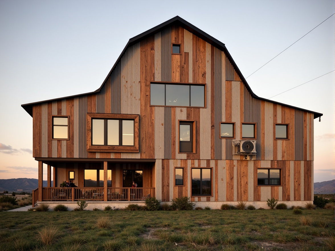 Prompt: Rustic barn facade, distressed wood textures, corrugated metal cladding, asymmetrical composition, bold color blocking, irregular window arrangements, reclaimed wood accents, industrial steel beams, exposed ductwork, playful juxtapositions, abstract geometric patterns, provocative ornamental details, postmodernist architectural language, rural landscape surroundings, rolling hills, vast open skies, warm golden lighting, soft focus, shallow depth of field, 2/3 composition, atmospheric perspective.