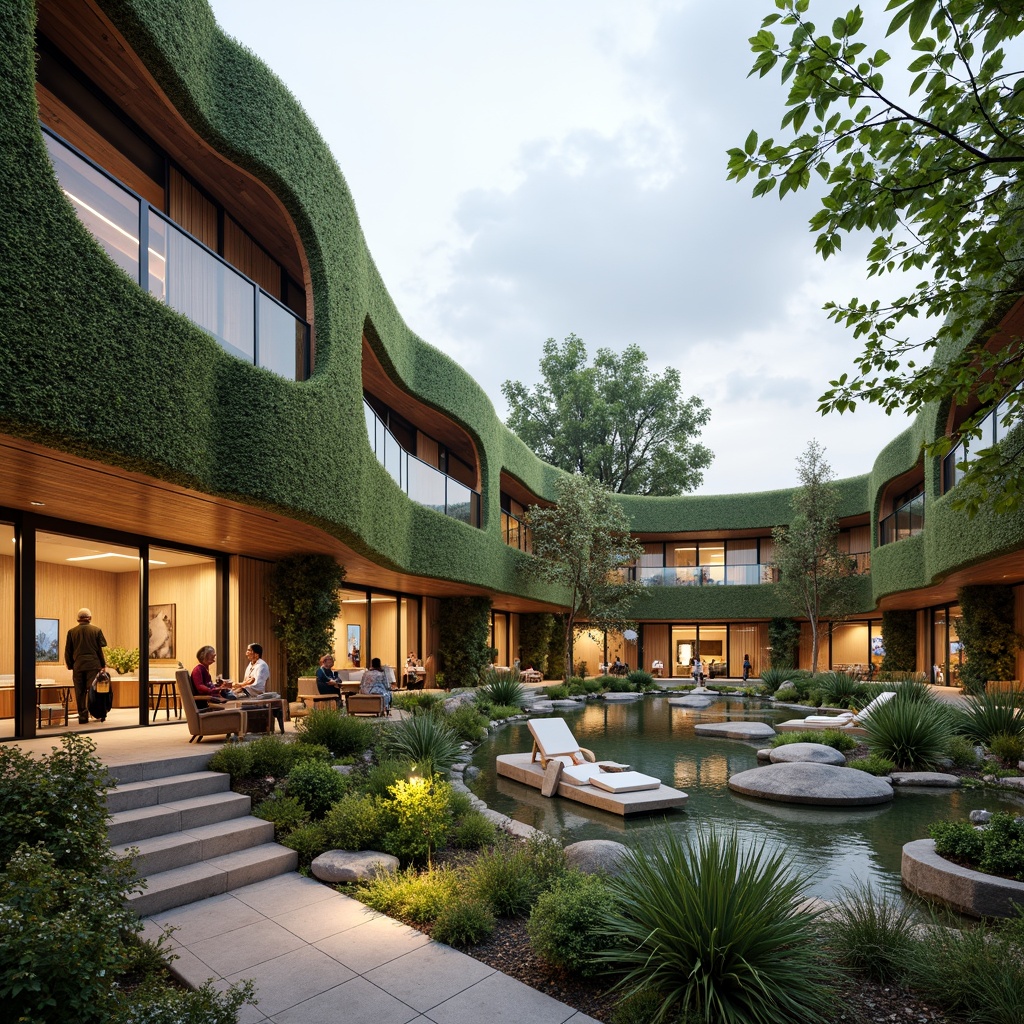 Prompt: Organic rehabilitation center facade, undulating curves, biomimetic patterns, natural materials, reclaimed wood accents, living green walls, vertical gardens, soft diffused lighting, warm earthy tones, curved lines, minimal ornamentation, functional simplicity, open floor plans, airy interior spaces, natural ventilation systems, energy-efficient solutions, sustainable building practices, serene outdoor courtyards, water features, walking paths, meditation areas, calming ambiance, shallow depth of field, 1/1 composition, soft focus blur.