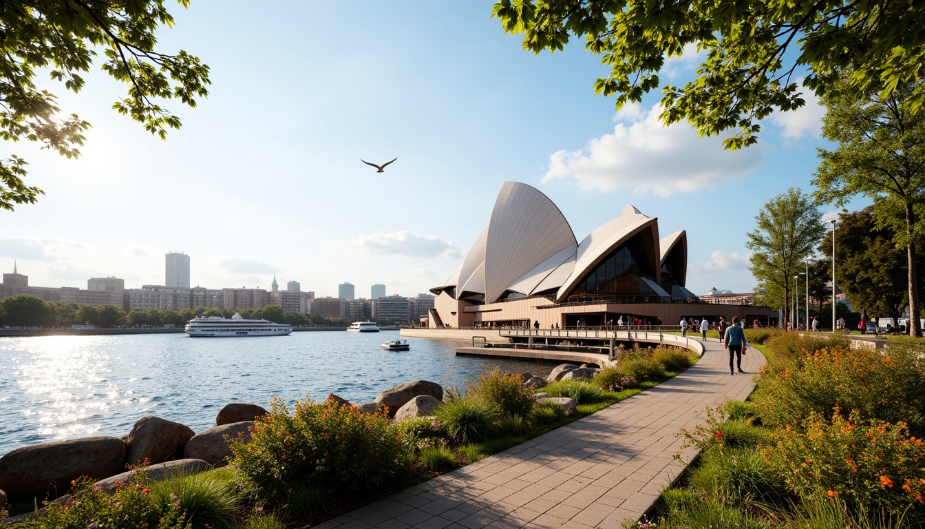 Prompt: Sydney Harbour, iconic opera house, sail-like roof design, majestic architecture, waterfront promenade, lush greenery, blooming flowers, scenic walking paths, picturesque harbour views, sunny day, soft warm lighting, shallow depth of field, 3/4 composition, panoramic view, realistic textures, ambient occlusion, gentle sea breeze, sailboats and yachts, seagulls flying overhead, natural stone walls, modern infrastructure, cultural landmarks.