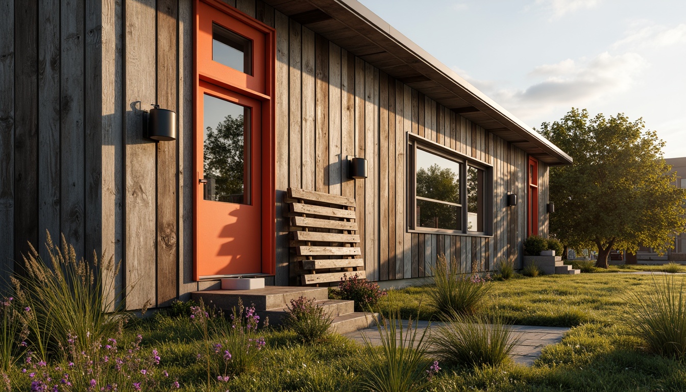 Prompt: Rustic barn facade, postmodernist architecture, distressed wood textures, corrugated metal cladding, asymmetrical composition, bold color accents, abstract geometric patterns, industrial-style lighting fixtures, reclaimed wooden boards, vintage farm equipment, overgrown wildflowers, sunny afternoon, soft warm lighting, shallow depth of field, 2/3 composition, close-up shot, realistic materials, ambient occlusion.Let me know if you need any adjustments!