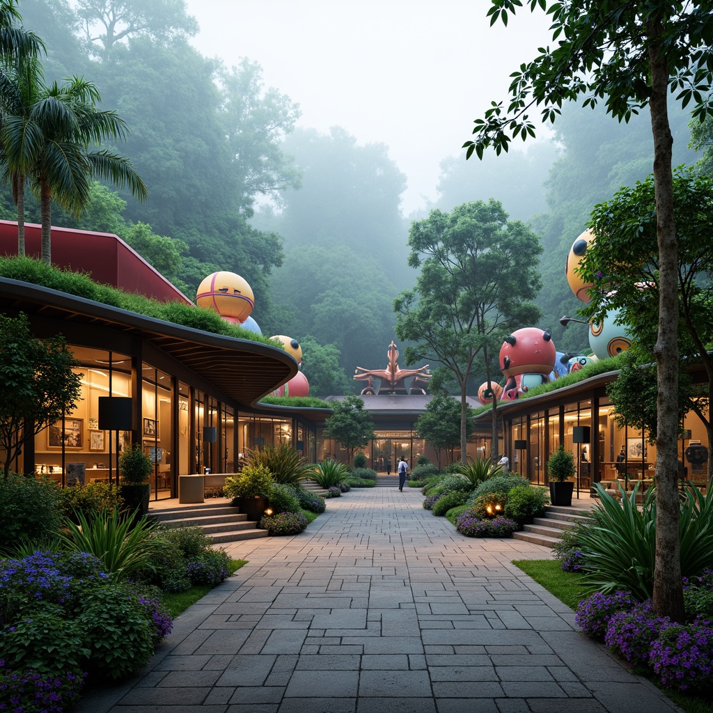 Prompt: Vibrant zoo entrance, exotic animal sculptures, lush green roofs, natural stone walls, curved metal fa\u00e7ades, dynamic LED lighting, futuristic architecture, bold color schemes, irregular shapes, cantilevered structures, open-air exhibits, tropical rainforest surroundings, misty atmosphere, shallow depth of field, 1/1 composition, wide-angle lens, realistic textures, ambient occlusion.