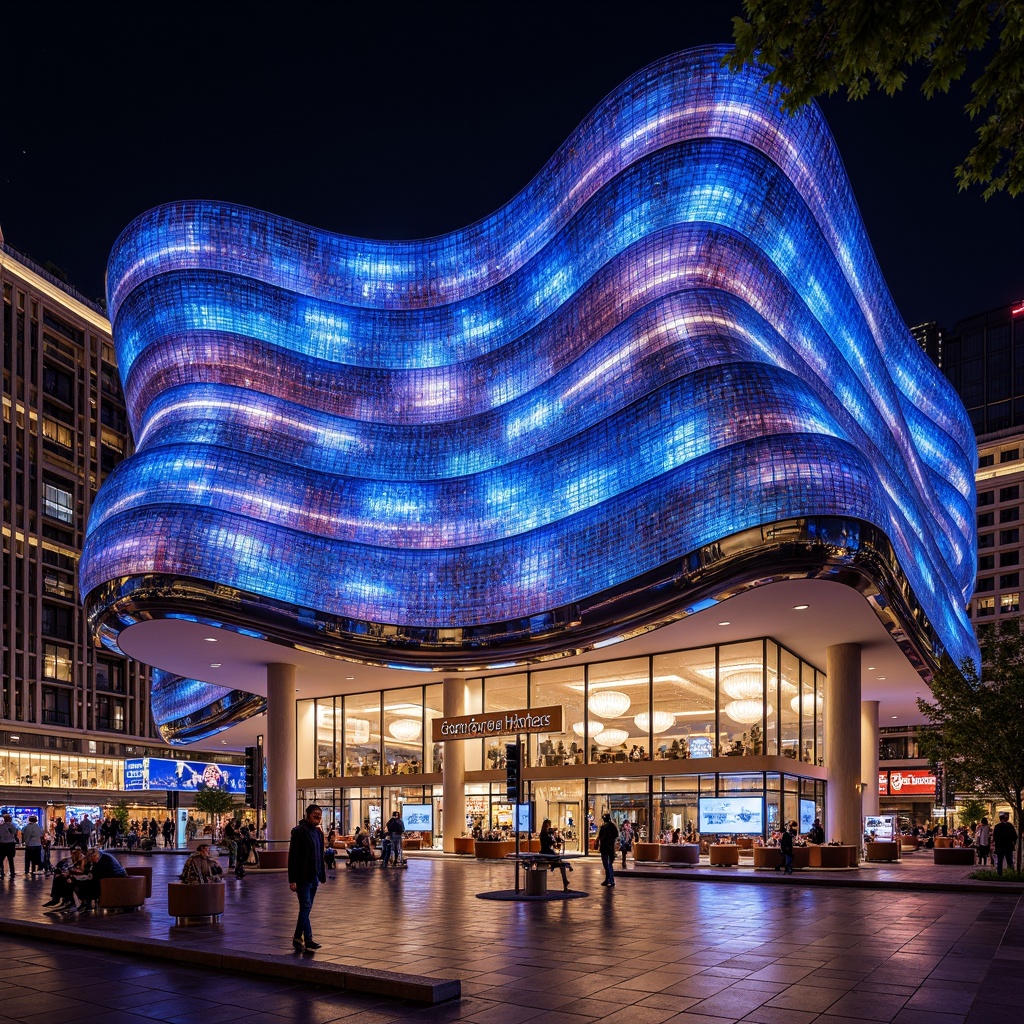 Prompt: Illuminated LED facade, curved glass surfaces, iridescent colors, reflective metal cladding, futuristic blob architecture, undulating shapes, dynamic lighting effects, luxurious interior ambiance, high-stakes gaming areas, VIP lounges, grand chandeliers, polished marble floors, lavish decor, neon-lit cityscape, bustling nightlife atmosphere, shallow depth of field, 1/2 composition, wide-angle lens, cinematic color grading, detailed normal maps.