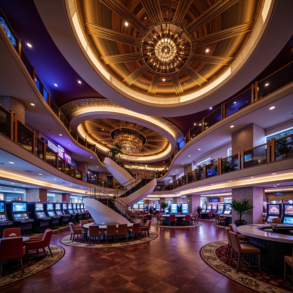 Prompt: Luxurious casino interior, undulating curves, iridescent lighting, metallic accents, velvety textures, plush furnishings, extravagant chandeliers, grand staircase, sweeping archways, ornate moldings, vibrant neon signs, flashing LED lights, polished marble floors, lavish decorations, opulent ambiance, cinematic atmosphere, shallow depth of field, 1/2 composition, dramatic shadows, realistic reflections.