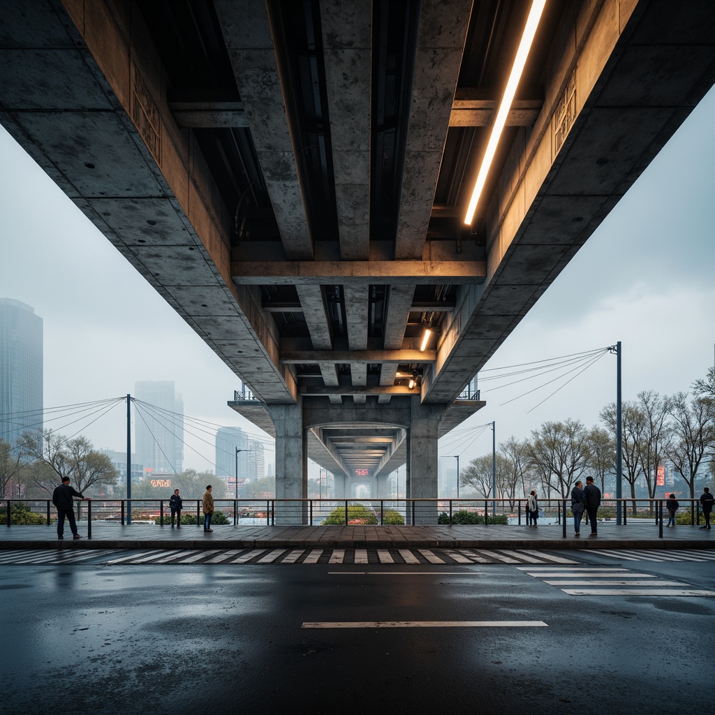 Prompt: Sleek bridge structure, minimalist design, modern industrial materials, exposed steel beams, polished concrete surfaces, gleaming metallic accents, warm ambient lighting, subtle texture overlays, urban cityscape backdrop, misty atmospheric effects, low-angle photography, 1/2 composition, soft focus blur, vibrant color grading, realistic reflections, intricate cable details, futuristic architectural lines.