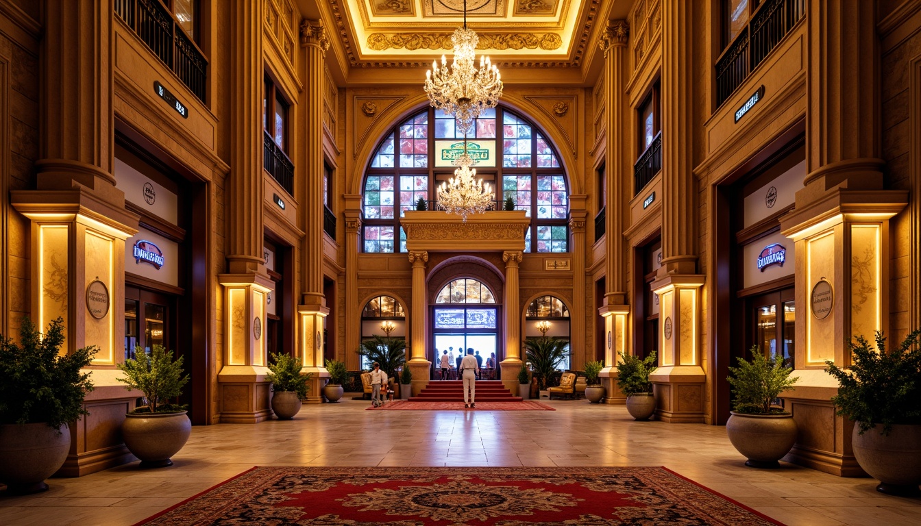 Prompt: Luxurious casino facade, ornate columns, grand entrance, neon lights, vibrant signage, polished marble floors, intricate moldings, lavish chandeliers, academic architectural style, Renaissance-inspired details, symmetrical composition, warm golden lighting, shallow depth of field, 1/2 composition, realistic textures, ambient occlusion, detailed stone carvings, ornate balconies, richly patterned rugs.