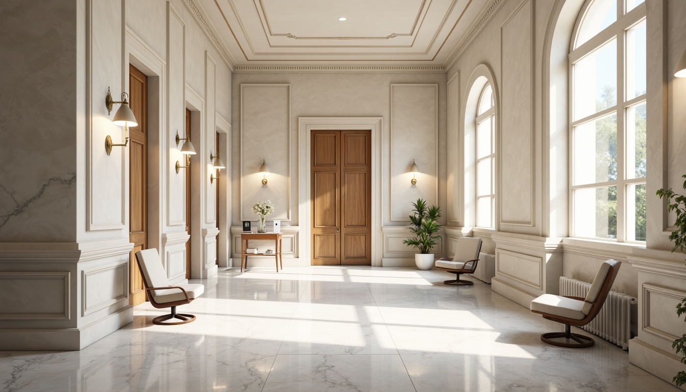 Prompt: Elegant clinic interior, neoclassical architecture, creamy whites, soft grays, warm beiges, rich wood tones, subtle gold accents, ornate moldings, refined marble floors, sophisticated lighting fixtures, plush patient chairs, minimalist medical equipment, natural light pouring in, airy high ceilings, symmetrical compositions, realistic textures, ambient occlusion.