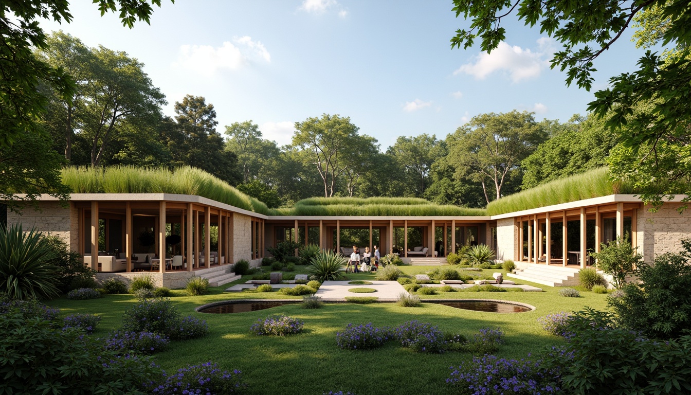 Prompt: Green roof, lush vegetation, natural stone walls, large operable windows, clerestory windows, high ceilings, open floor plan, minimal obstruction, cross ventilation, stack effect, windcatchers, solar chimneys, atriums, internal courtyards, shading devices, overhangs, louvers, jalousies, breathable materials, thermal mass, insulation, earthy color palette, natural textures, organic forms, curved lines, minimalist decor, soft warm lighting, shallow depth of field, 3/4 composition, panoramic view.