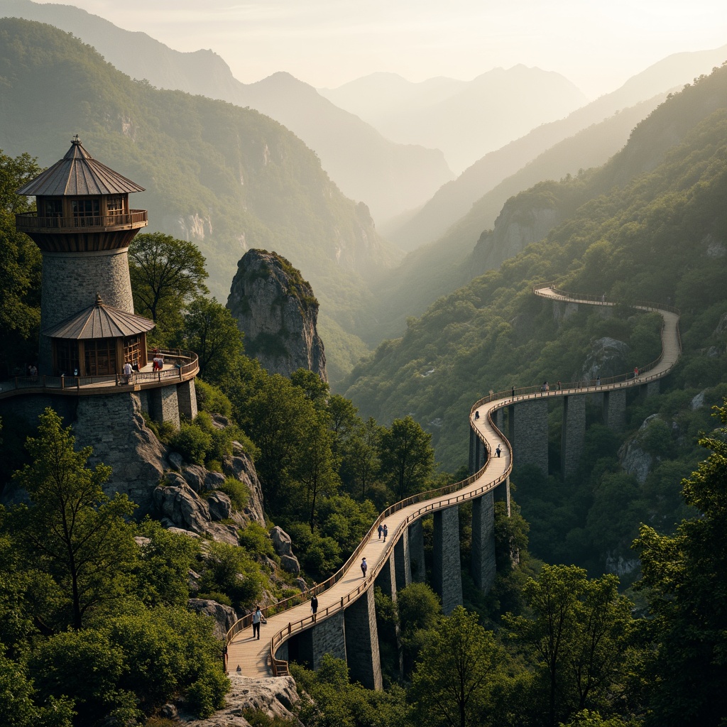 Prompt: Serene mountainous landscape, lush green forests, winding hiking trails, rustic wooden bridges, majestic watching tower designs, stone foundations, wooden beam structures, observation decks, panoramic views, misty mornings, warm golden lighting, shallow depth of field, 1/2 composition, symmetrical balance, realistic textures, ambient occlusion.