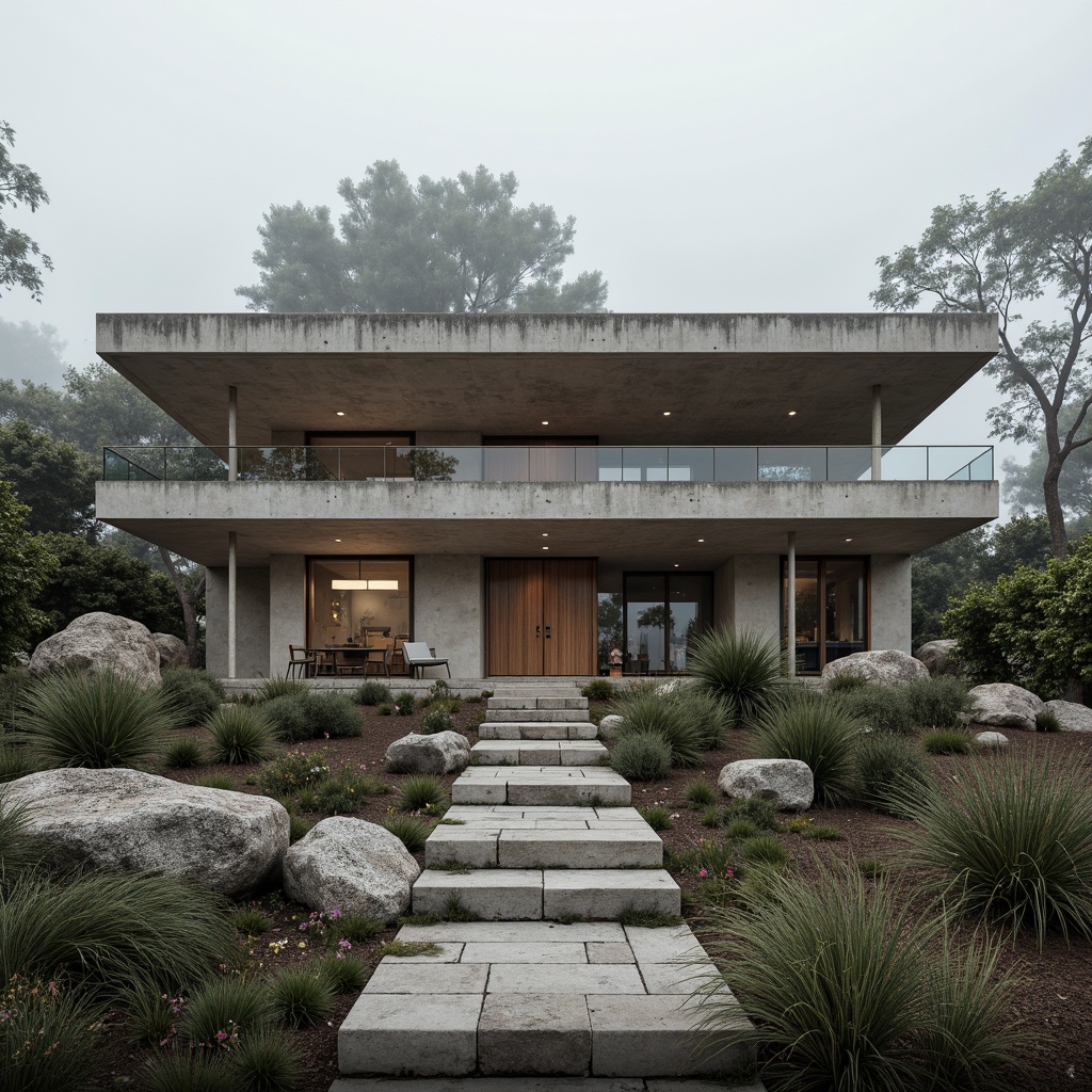 Prompt: Rugged villa exterior, brutalist architecture style, raw concrete walls, distressed stone surfaces, rough-hewn wooden accents, industrial metal frames, minimalist decor, neutral color palette, dramatic natural lighting, overcast sky, atmospheric mist, shallow depth of field, 1/2 composition, symmetrical framing, high-contrast textures, realistic weathering effects.