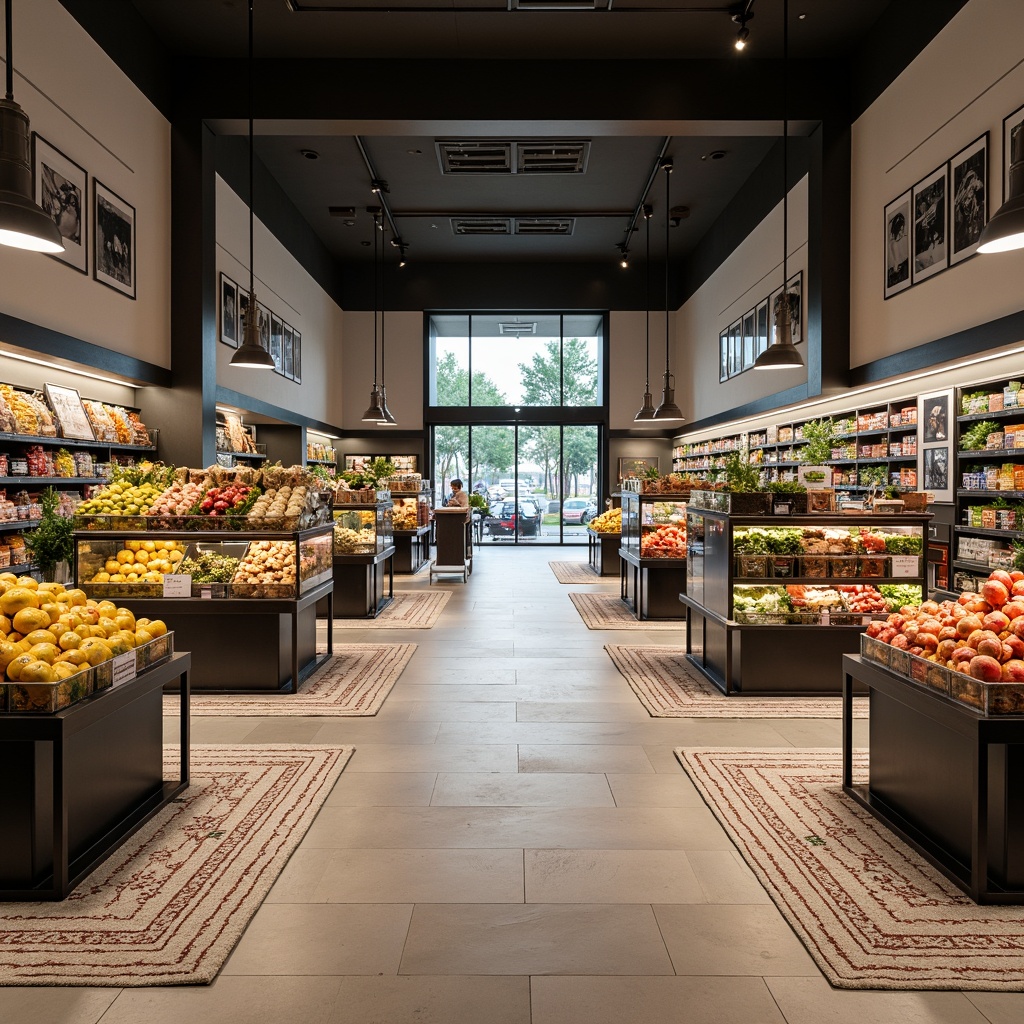 Prompt: Symmetrical produce stands, mirrored shelving units, identical twin entrances, harmonious color schemes, polished tile flooring, minimalist metal racks, abundant natural light, high ceilings, elegant signage, subtle branding elements, uniform product displays, geometric patterned rugs, sleek cashwrap counters, modern LED lighting, shallow depth of field, 1/1 composition, central axis symmetry, realistic textures, ambient occlusion.