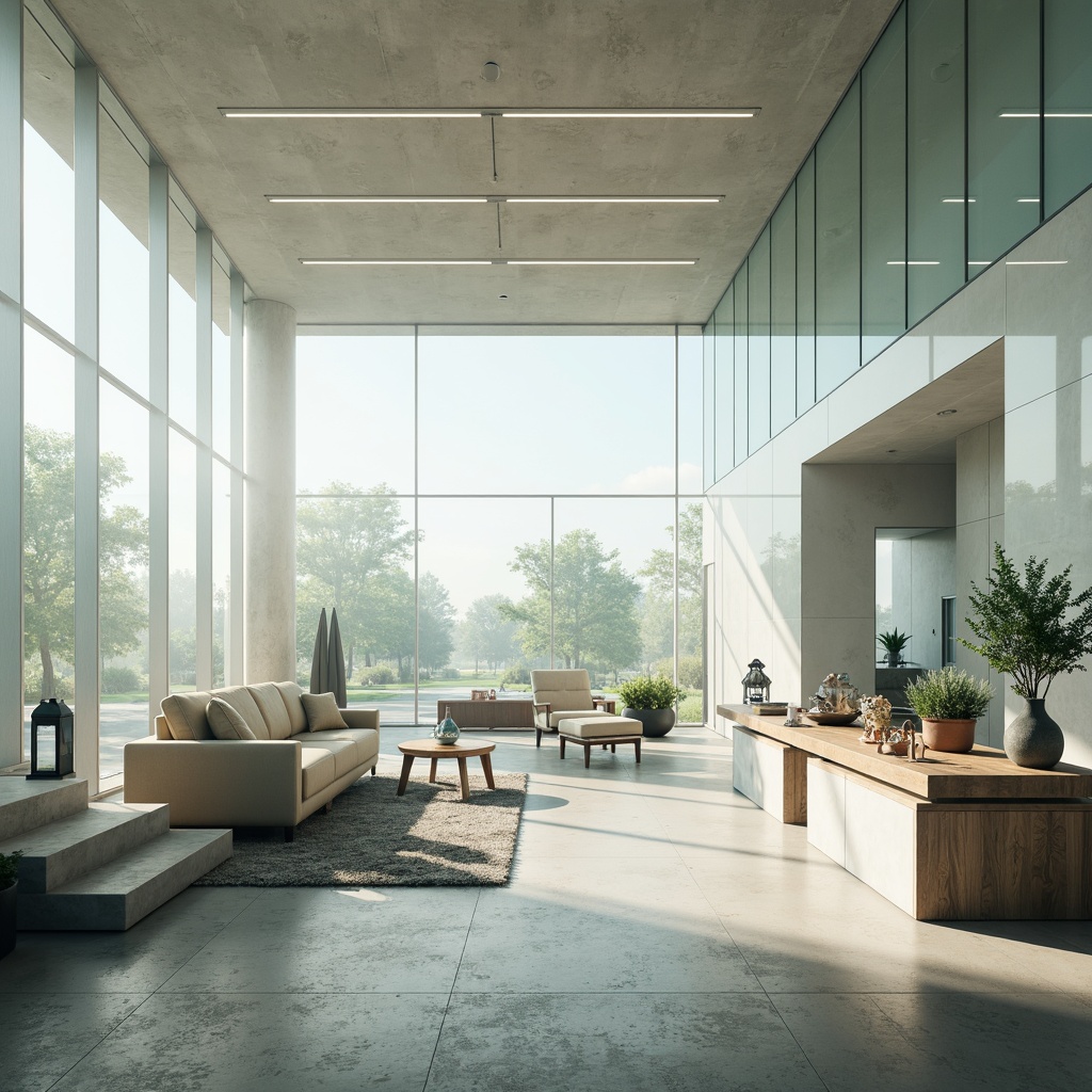 Prompt: Ethereal ambiance, translucent glass walls, soft diffused light, delicate shadows, minimalist decor, sleek modern furniture, polished metal accents, subtle color palette, ambient occlusion, natural textures, realistic reflections, 3/4 composition, shallow depth of field, panoramic view, innovative material usage, futuristic aesthetic, sophisticated atmosphere.