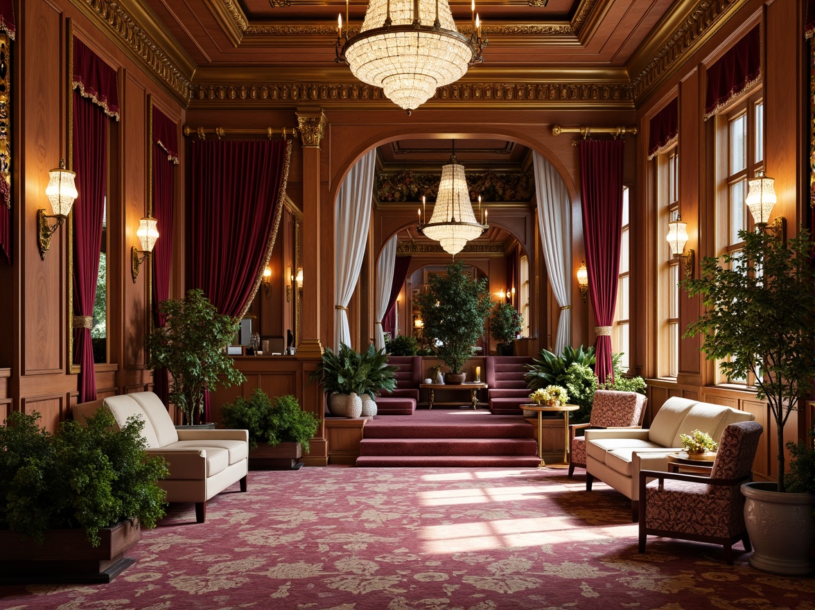 Prompt: Luxurious hotel lobby, ornate furnishings, rich velvet drapes, intricate wooden carvings, gilded mirrors, crystal chandeliers, warm golden lighting, lavish flower arrangements, plush carpets, marble floors, grand staircase, Renaissance-inspired architecture, opulent fabrics, jewel-toned color scheme, emerald green accents, ruby red hues, majestic purple shades, creamy whites, soft gold highlights, dramatic shadows, cinematic lighting, 1/2 composition, realistic textures, ambient occlusion.