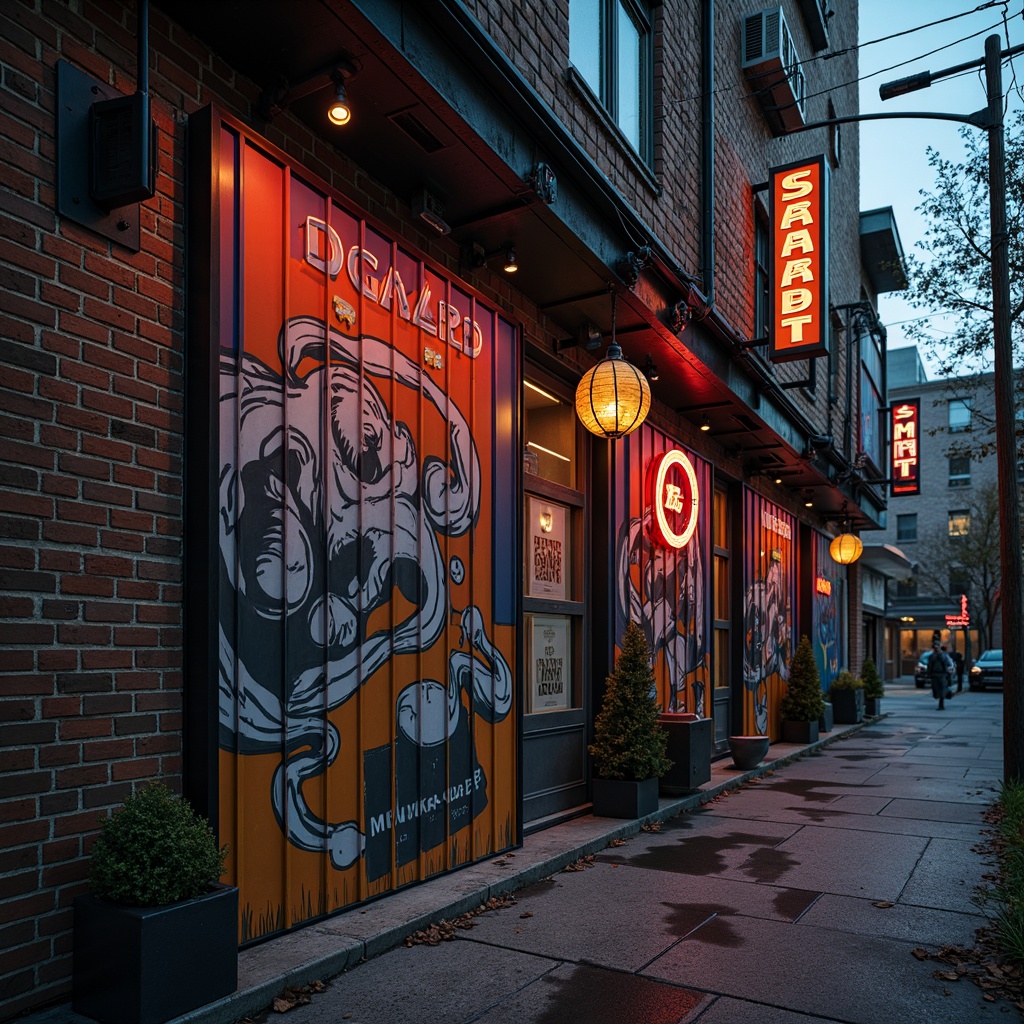 Prompt: Rustic industrial facade, distressed brick walls, corrugated metal cladding, bold graphic patterns, vibrant neon signs, eclectic mix of materials, ornate decorative details, irregular geometric shapes, abstract art installations, edgy urban atmosphere, moody lighting, dramatic shadows, 1/2 composition, low-angle shot, gritty textures, atmospheric fog effect.