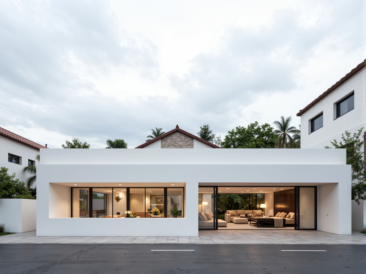 Prompt: Simple white facade, clean lines, minimal ornamentation, large glass windows, sliding doors, subtle textures, natural stone accents, modern flat roof, open floor plan, functional simplicity, industrial chic, urban landscape, cloudy day, soft diffused lighting, shallow depth of field, 1/1 composition, symmetrical framing, monochromatic color scheme, subtle gradient effects.