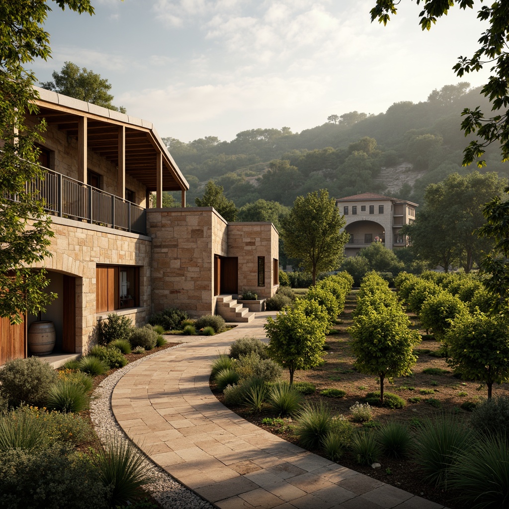 Prompt: Earthy winery architecture, lush vineyards, rustic stone walls, wooden barrel accents, natural terrain integration, curved lines, earthy tones, sage green roofs, weathered wood textures, warm golden lighting, soft misty atmosphere, 1/2 composition, shallow depth of field, realistic foliage, ambient occlusion.