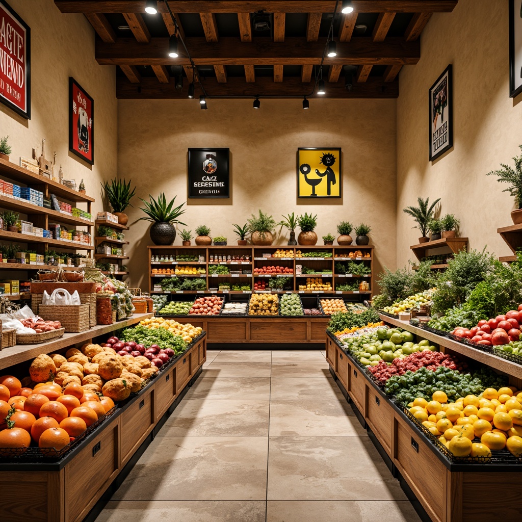 Prompt: Vibrant grocery store, warm beige walls, rich wood accents, fresh produce stands, colorful fruit displays, natural stone flooring, earthy tones, modern signage, bold font labels, eclectic product arrangements, cozy corner shelves, soft overhead lighting, warm atmospheric glow, 1/2 composition, intimate close-ups, realistic textures, ambient occlusion.