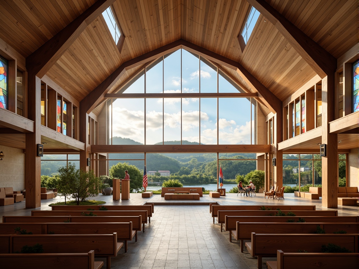 Prompt: Rustic suburban landscape, rolling hills, serene lake views, tranquil atmosphere, modern church architecture, minimalist design, clean lines, simple shapes, natural stone fa\u00e7ade, wooden accents, stained glass windows, vibrant colors, abstract patterns, elegant interior, spacious nave, high ceilings, dramatic lighting, 1/1 composition, symmetrical framing, warm soft focus, subtle texture details.