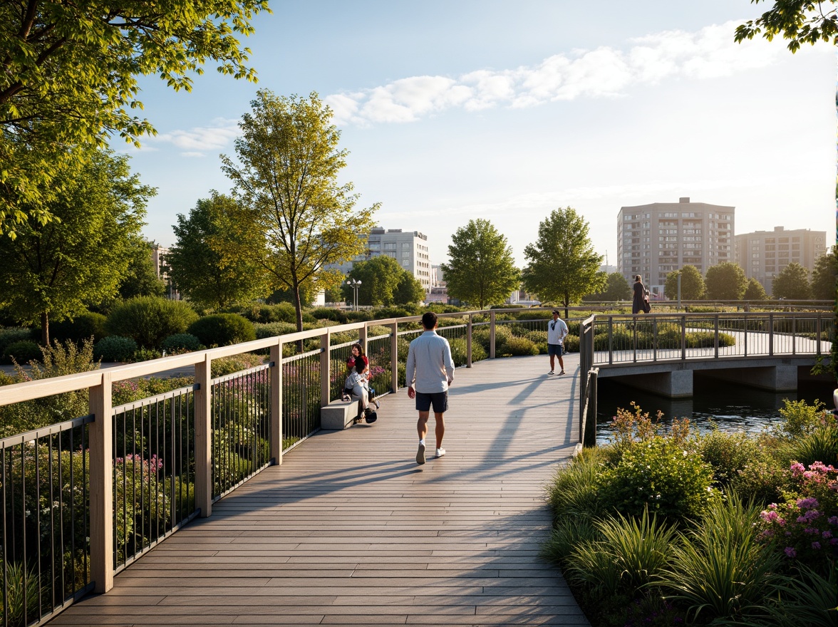 Prompt: Pedestrian bridge, natural surroundings, lush greenery, walking trails, wooden railings, steel cables, modern architecture, curved lines, minimalist design, integrated seating areas, urban planning, cityscape views, sunny day, soft warm lighting, shallow depth of field, 3/4 composition, panoramic view, realistic textures, ambient occlusion, vibrant flowers, water features, public art installations.Please let me know if this meets your expectations!