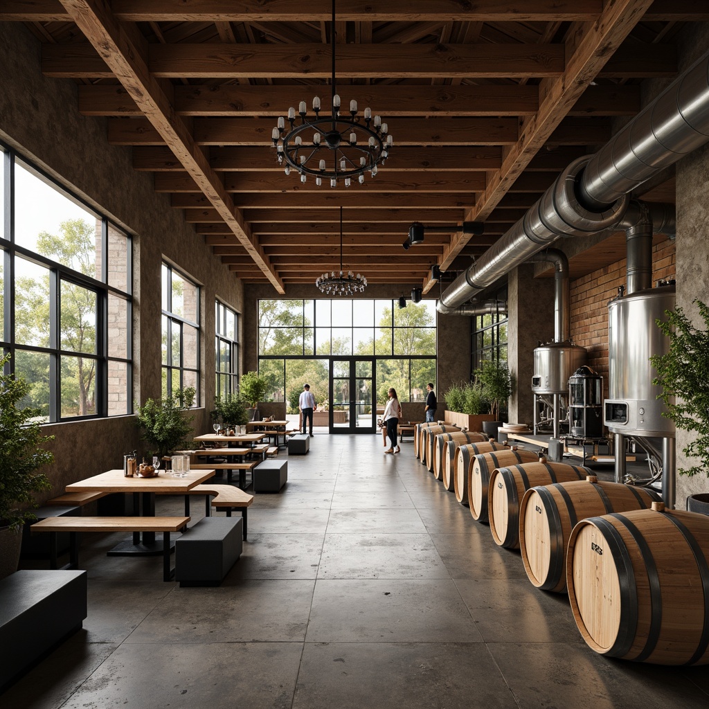 Prompt: Industrial chic winery, rustic wooden barrels, metallic fermentation tanks, sleek stainless steel equipment, minimalist decor, reclaimed wood accents, polished concrete floors, natural stone walls, large glass windows, soft warm lighting, shallow depth of field, 3/4 composition, panoramic view, realistic textures, ambient occlusion, modern industrial furniture, low-profile seating, wine-tasting tables, elegant chandeliers, earthy color palette, subtle grapevine patterns.