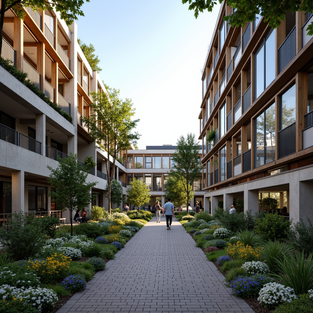 Prompt: Vibrant campus square, fusion architecture, modern academic buildings, glass facades, steel frames, wooden accents, concrete walkways, lush greenery, blooming flowers, natural stone walls, brick pathways, rustic metal railings, warm lantern lighting, shallow depth of field, 3/4 composition, panoramic view, realistic textures, ambient occlusion.