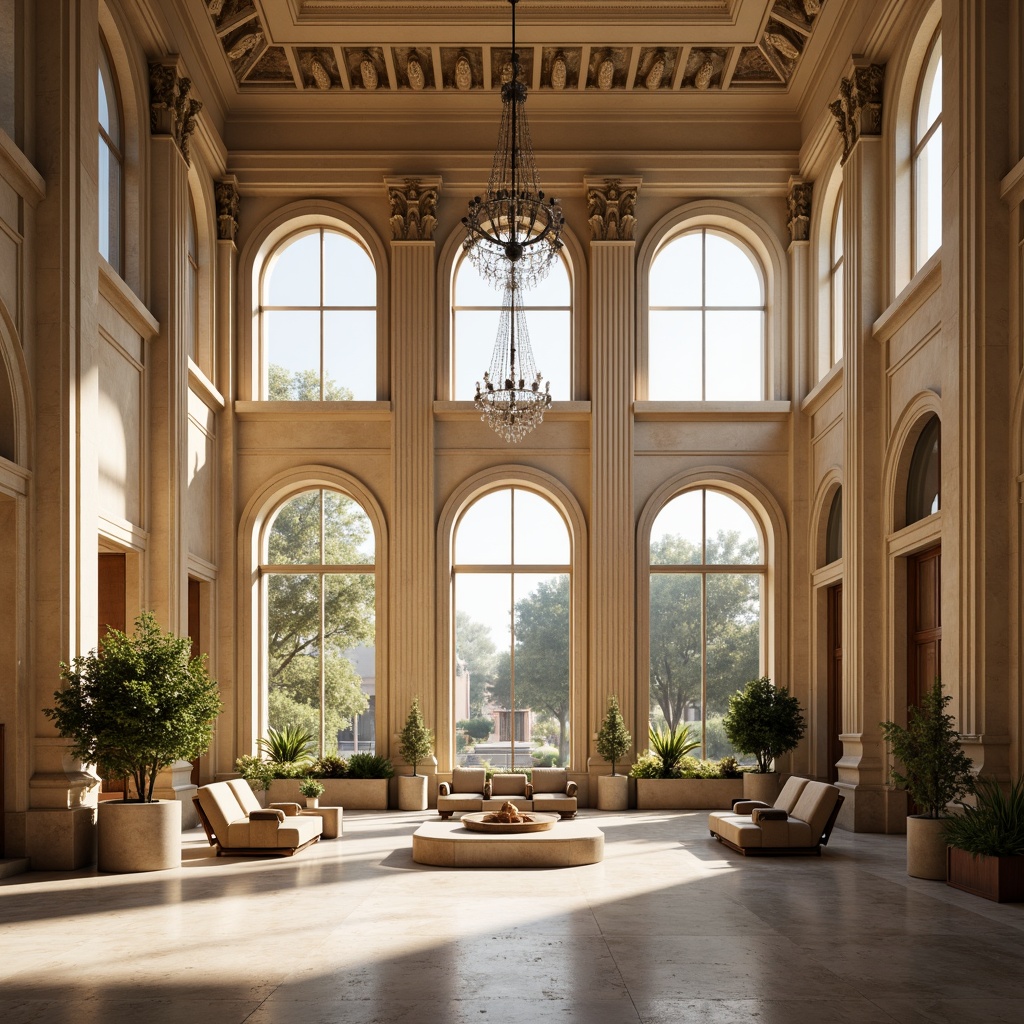 Prompt: Grand neoclassical facade, symmetrical architecture, ornate columns, carved stone details, large windows, high ceilings, spacious interior, natural light pouring in, warm beige tones, elegant chandeliers, refined furnishings, luxurious textiles, subtle color palette, soft morning light, gentle shadows, 1/1 composition, shallow depth of field, realistic textures, ambient occlusion.